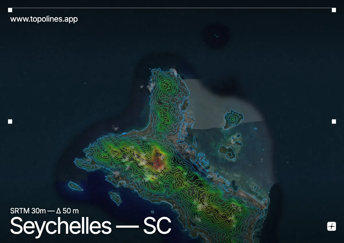 Topographic contour map of Seychelles, showing Morne Seychellois, Mahé granite ridge
