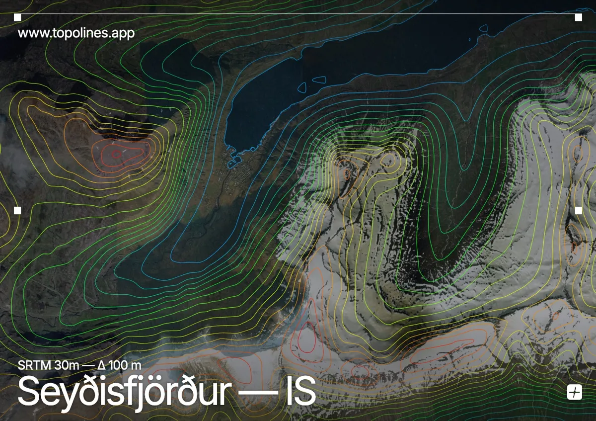 Topographic contour map of Seyðisfjörður, showing Bjólfur, Strandartindur, Seyðisfjörður