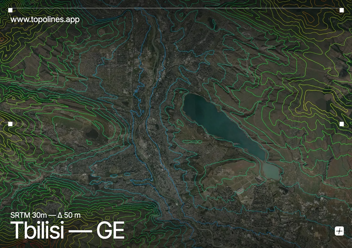 Topographic contour map of Tbilisi, showing Mtatsminda, Trialeti Range, Mtkvari valley