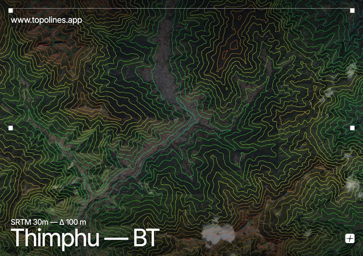 Topographic contour map of Thimphu, showing Himalaya, Thimphu valley ridges