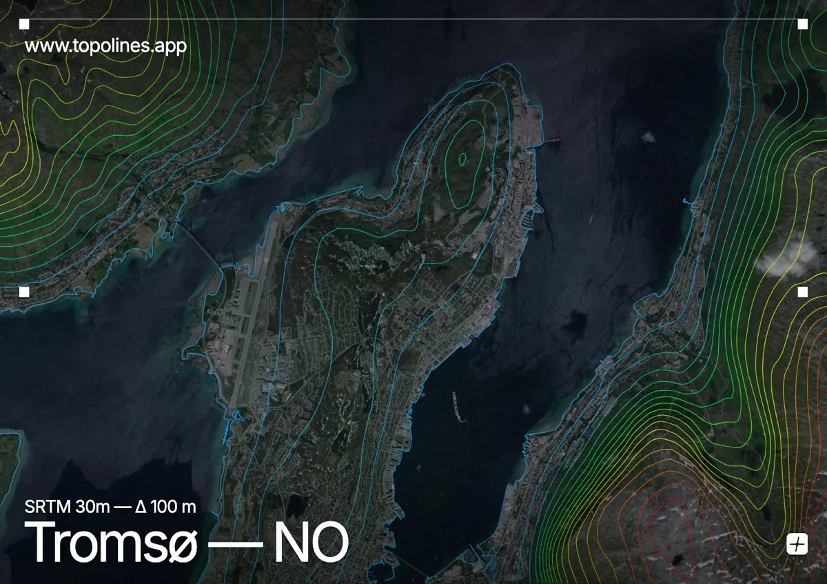 Topographic contour map of Tromsø, showing Tromsdalstinden, Kvaløya peaks, Tromsøya