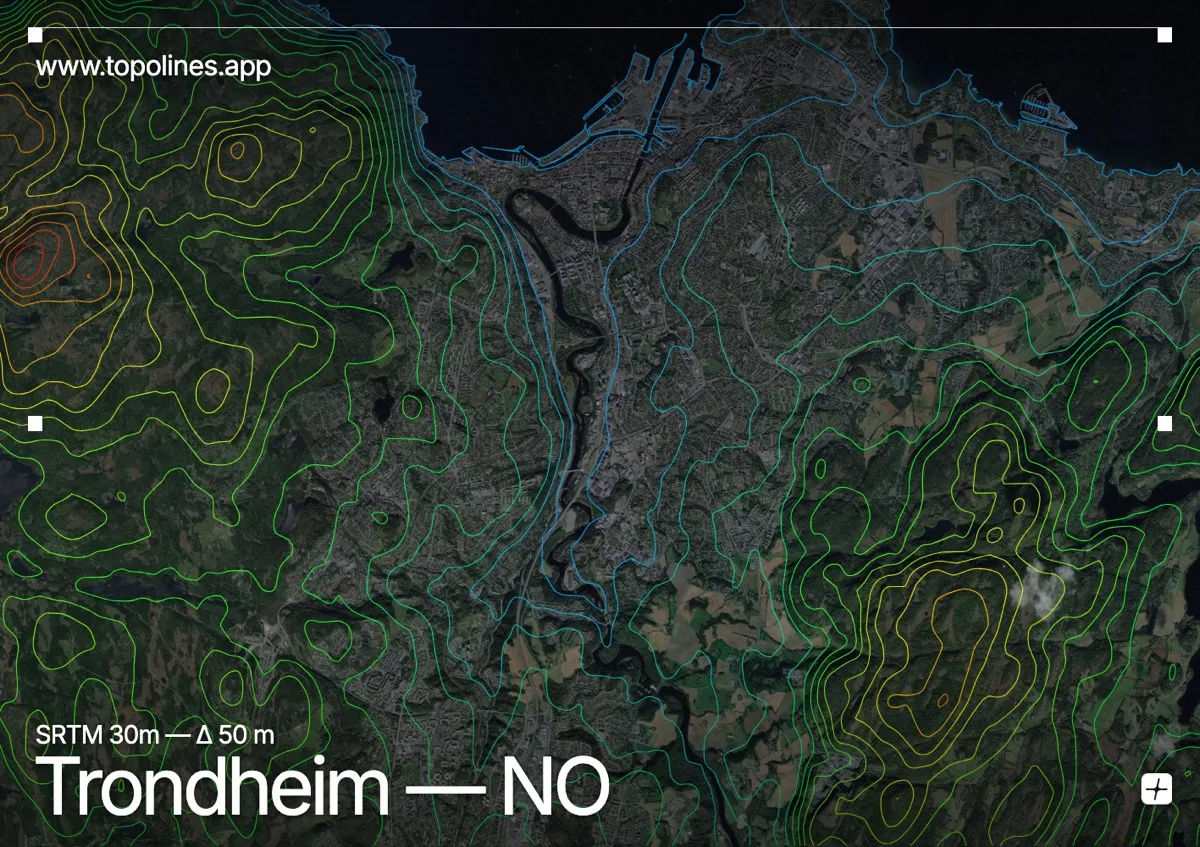 Topographic contour map of Trondheim, showing Trondheimsfjord, Bymarka, Gråkallen