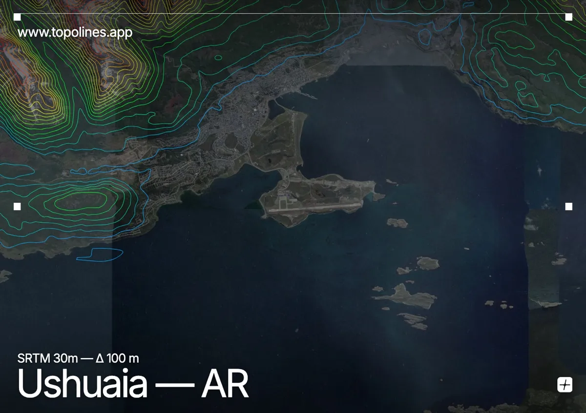 Topographic contour map of Ushuaia, showing Martial Range, Monte Olivia, Beagle Channel