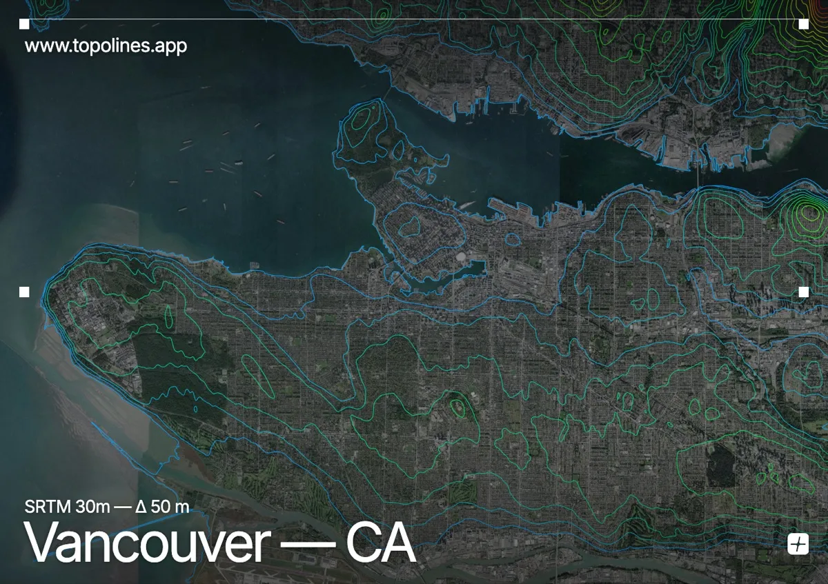 Topographic contour map of Vancouver, showing North Shore Mountains, Grouse Mountain, Cypress