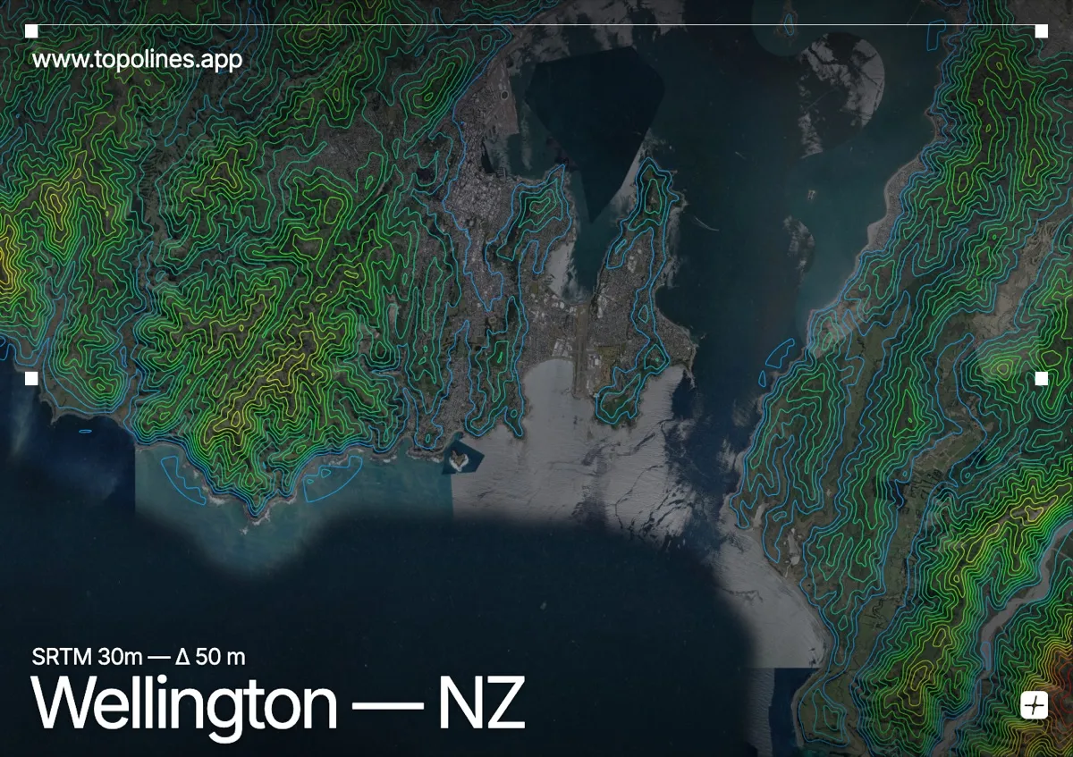 Topographic contour map of Wellington, showing Mount Victoria, Mount Kaukau, Remutaka Range