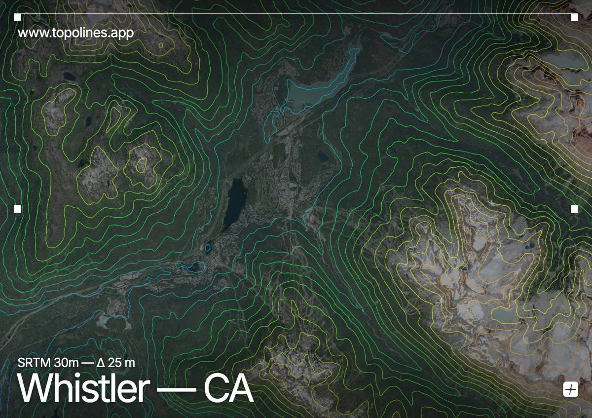 Topographic contour map of Whistler, showing Whistler Mountain, Blackcomb Mountain, Mount Garibaldi, Cheakamus Valley, Coast Mountains