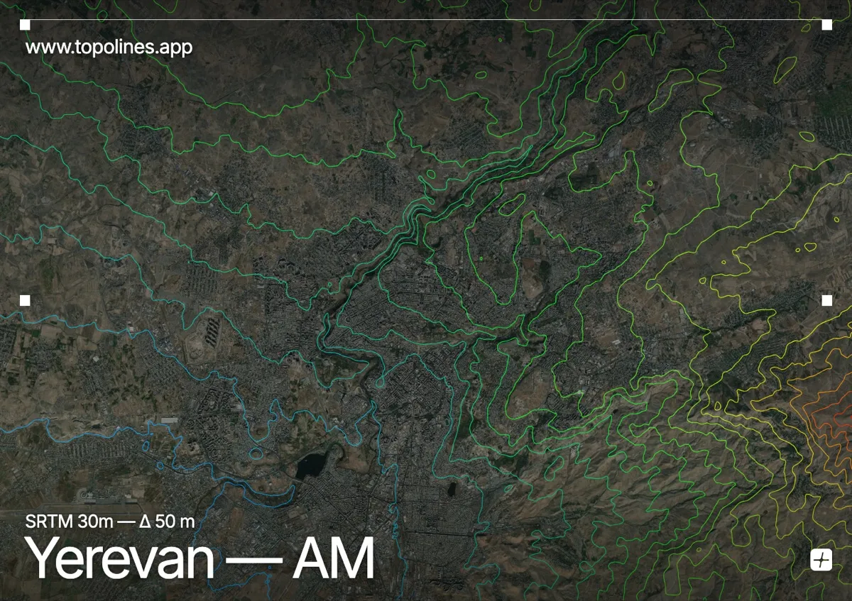 Topographic contour map of Yerevan, showing Hrazdan gorge, Mount Ararat (backdrop), Yerevan plateau
