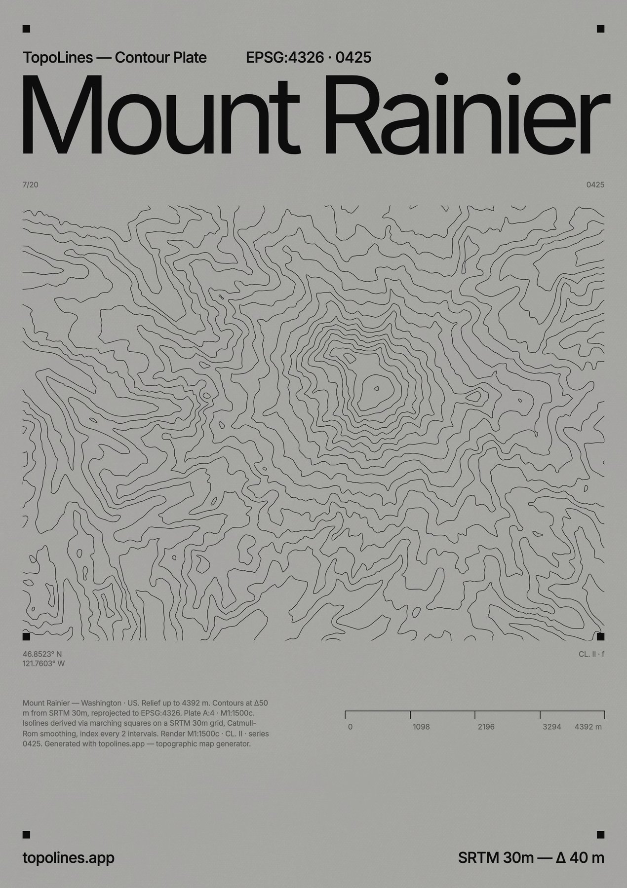 Contour map of Mount Rainier with an elevation scale from 0 to 4392 metres, showing how each contour line maps to a height