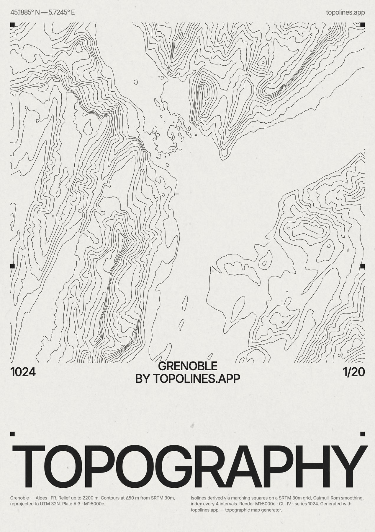 Contour map of Grenoble — lines pack tightly against the surrounding massifs and open out across the flat valley floor