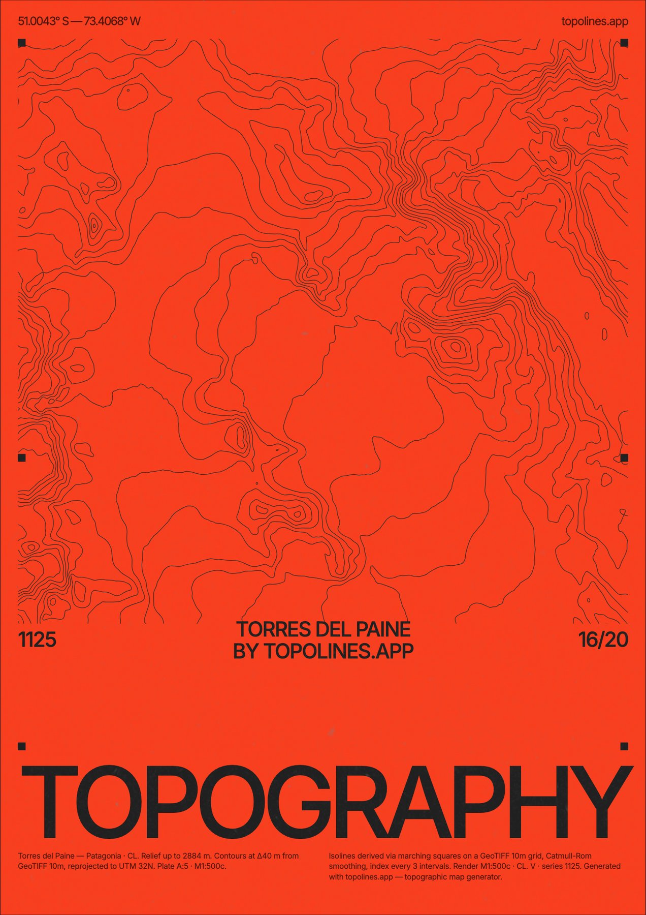 Contour line art poster of Torres del Paine in Patagonia, generated from real elevation data with TopoLines