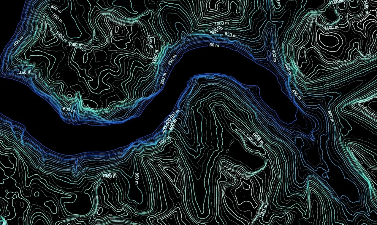 Geirangerfjord drawn in teal and blue contours with elevation labels set inside the lines