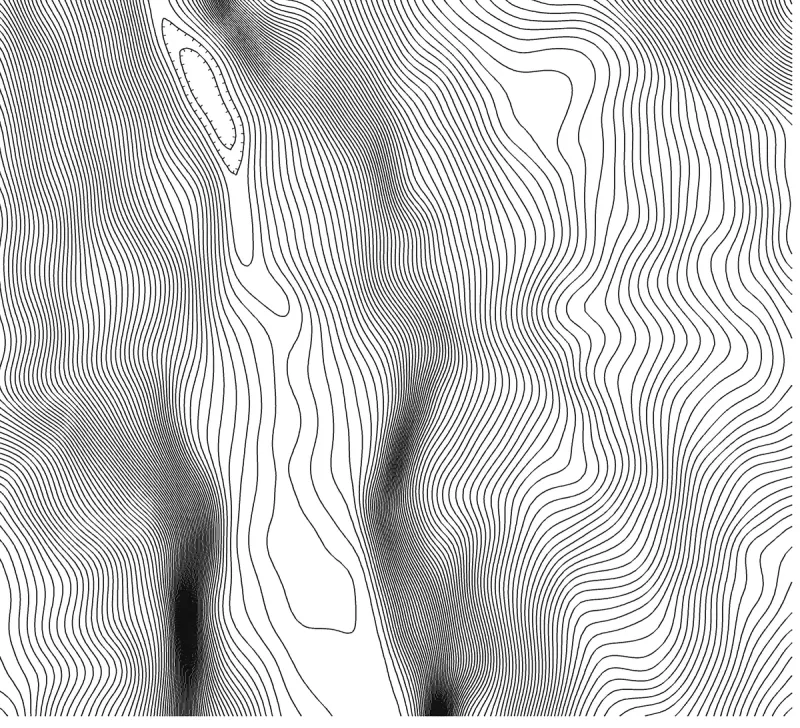 Lauterbrunnen valley traced from the 30 m worldwide model: soft, rounded contours and a false depression on the valley floor