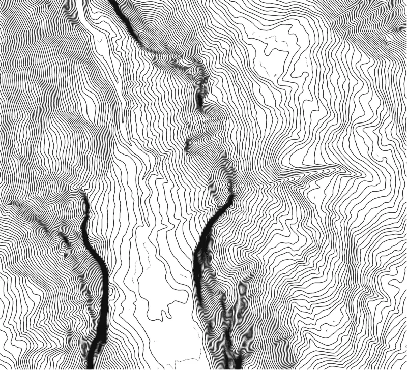 The same Lauterbrunnen zone traced from swissALTI3D 5 m lidar: the cliff bands are sharp and the valley floor is flat
