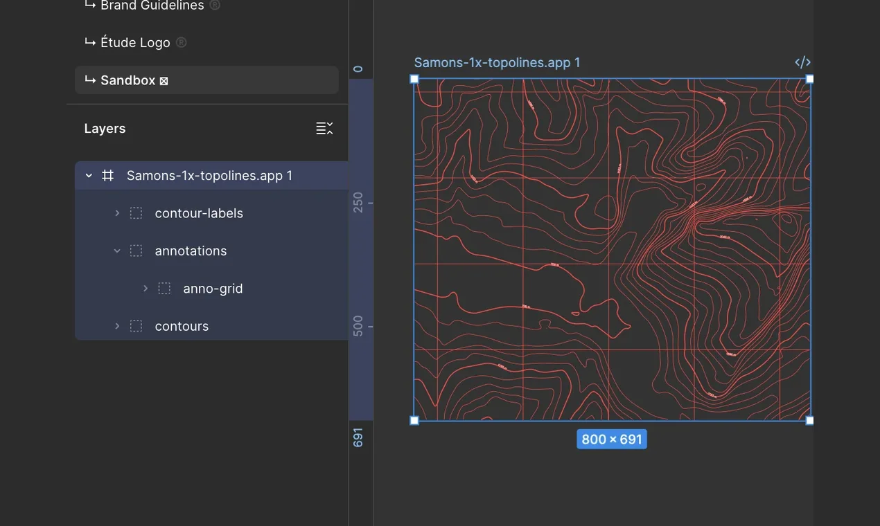 A TopoLines SVG opened in Figma, with separate layers for contour-labels, annotations and contours