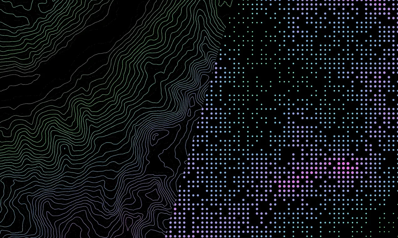 One terrain drawn half as gradient contour lines and half as a field of gradient dots