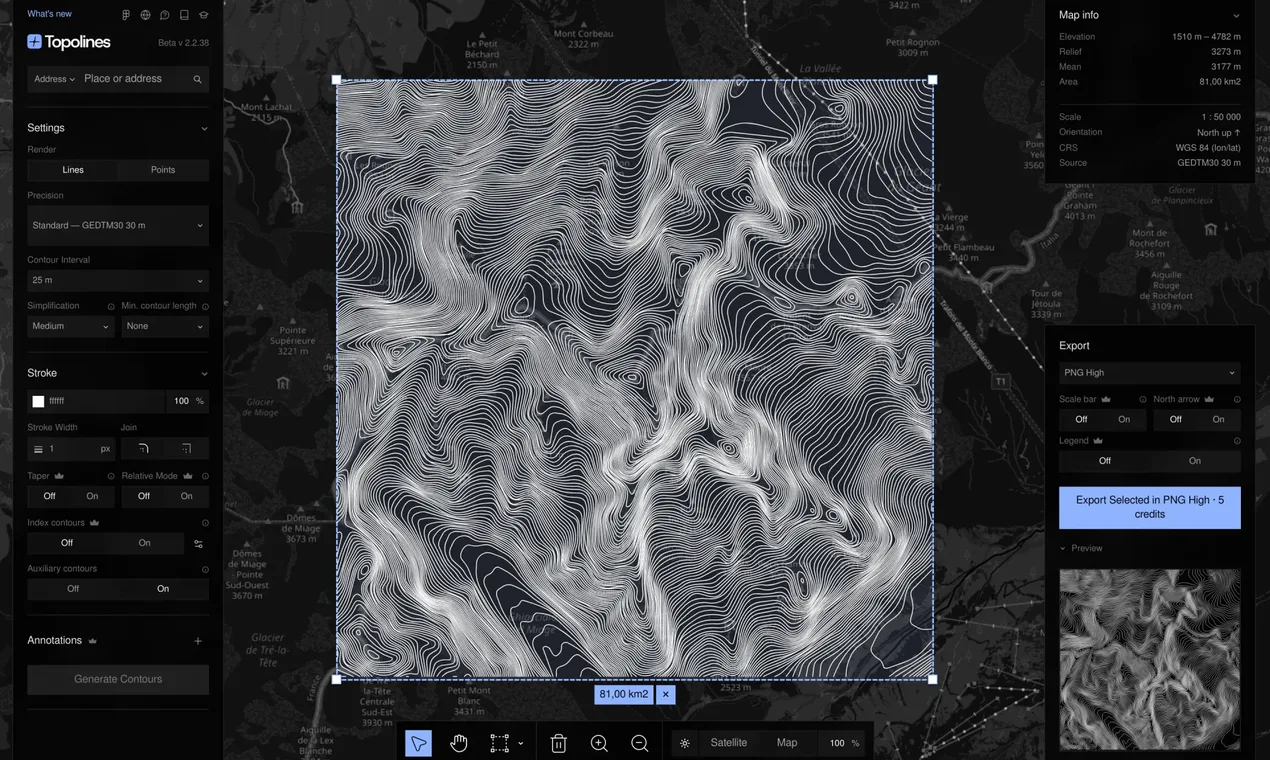 The TopoLines editor over the Mont Blanc massif, 81 km² zone drawn as white contour lines, Render switch set to Lines