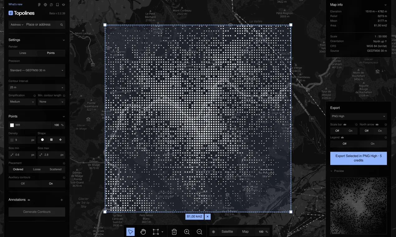 The same Mont Blanc zone in the editor with the Render switch set to Points: the panel shows density, shape, size and placement controls