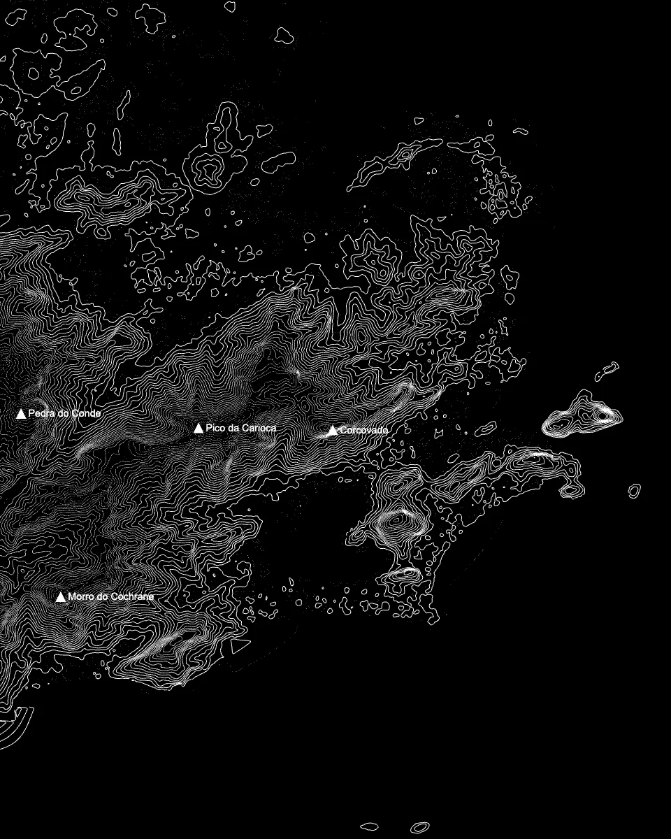 Mapa de curvas de nível do Rio de Janeiro: o maciço da Tijuca com o Pico da Carioca, o Corcovado e a Pedra do Conde, em linhas brancas sobre fundo preto