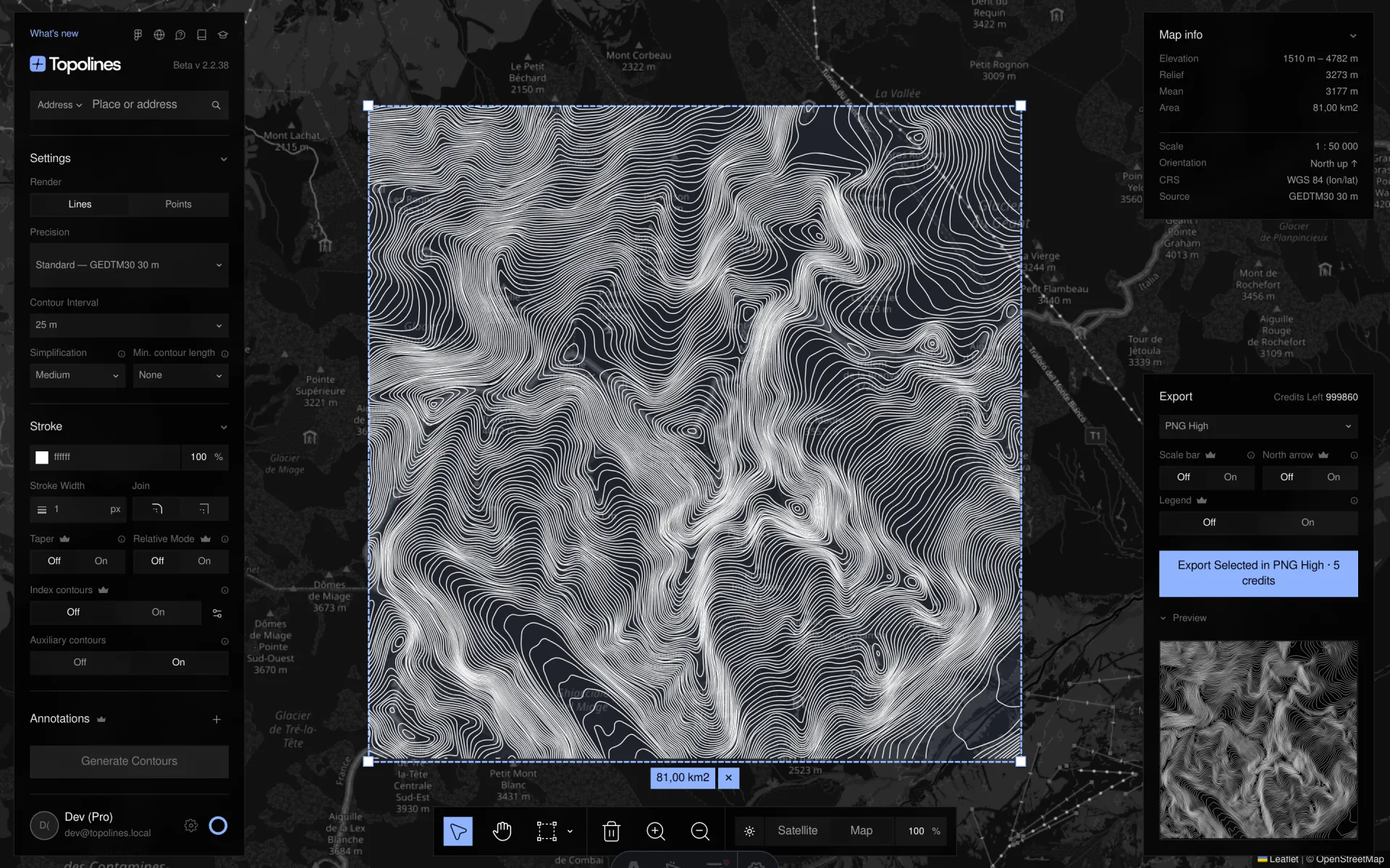 The TopoLines editor with a contour trace of the Mont Blanc massif