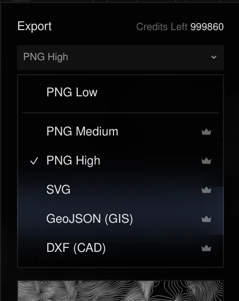 Export format menu: PNG Low, Medium, High, SVG, GeoJSON, DXF