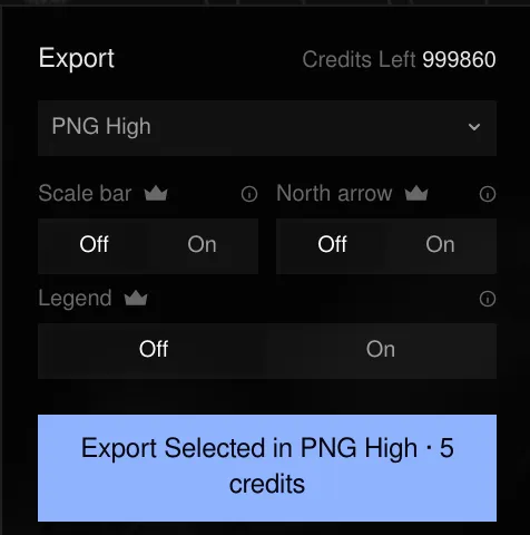 Export panel with Scale bar, North arrow and Legend toggles
