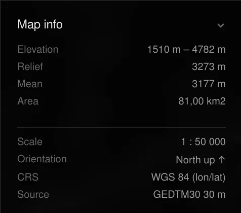 Map info panel: elevation range, relief, scale, CRS and source