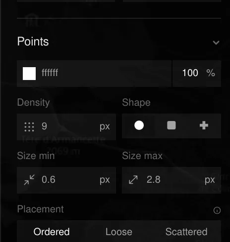 Points section of the editor: colour, Density, Shape, Size min/max, Placement