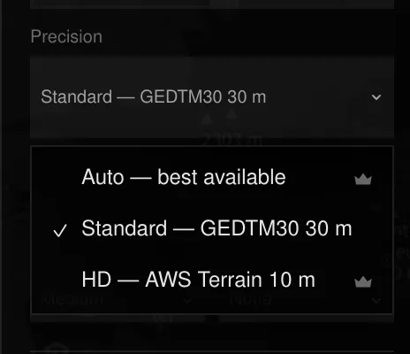 Precision menu: Auto, Standard GEDTM30 30 m, HD 10 m