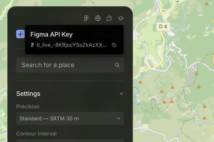 Web app panel header showing the Figma API key popup with a copy button
