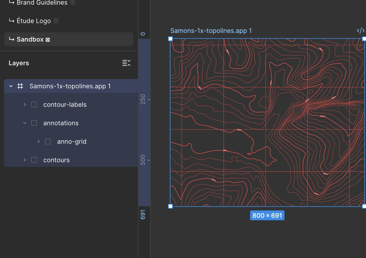 A TopoLines SVG pasted into Figma: contours, labels and grid as separate layers