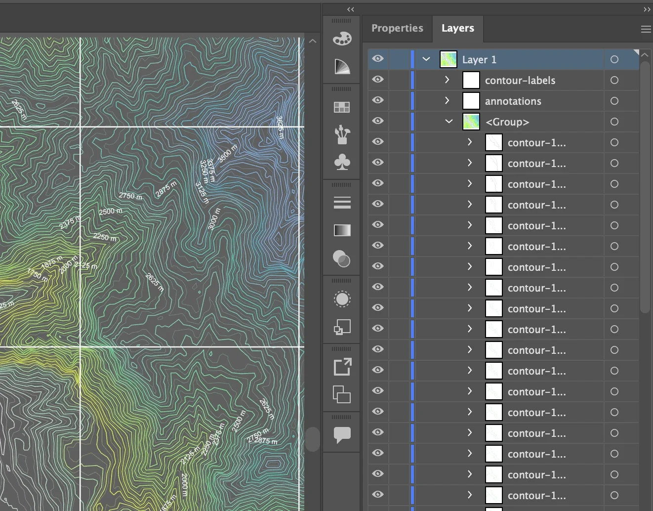 A TopoLines SVG open in Illustrator: gradient contours over a grid, the Layers panel listing one group per contour level
