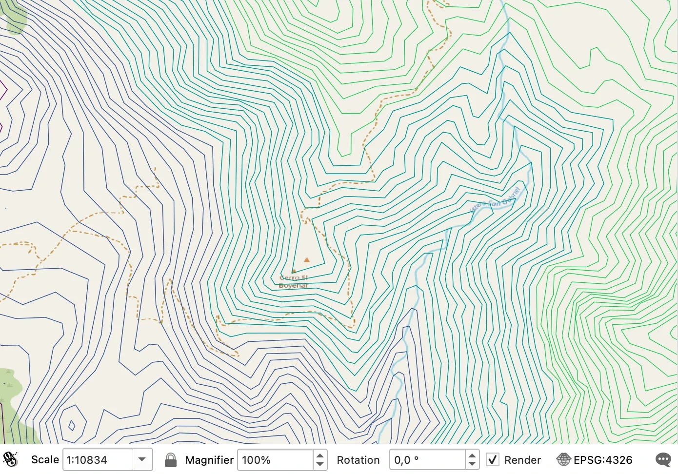 A TopoLines GeoJSON open in QGIS over OpenStreetMap, contours graduated by elevation, the status bar showing EPSG:4326