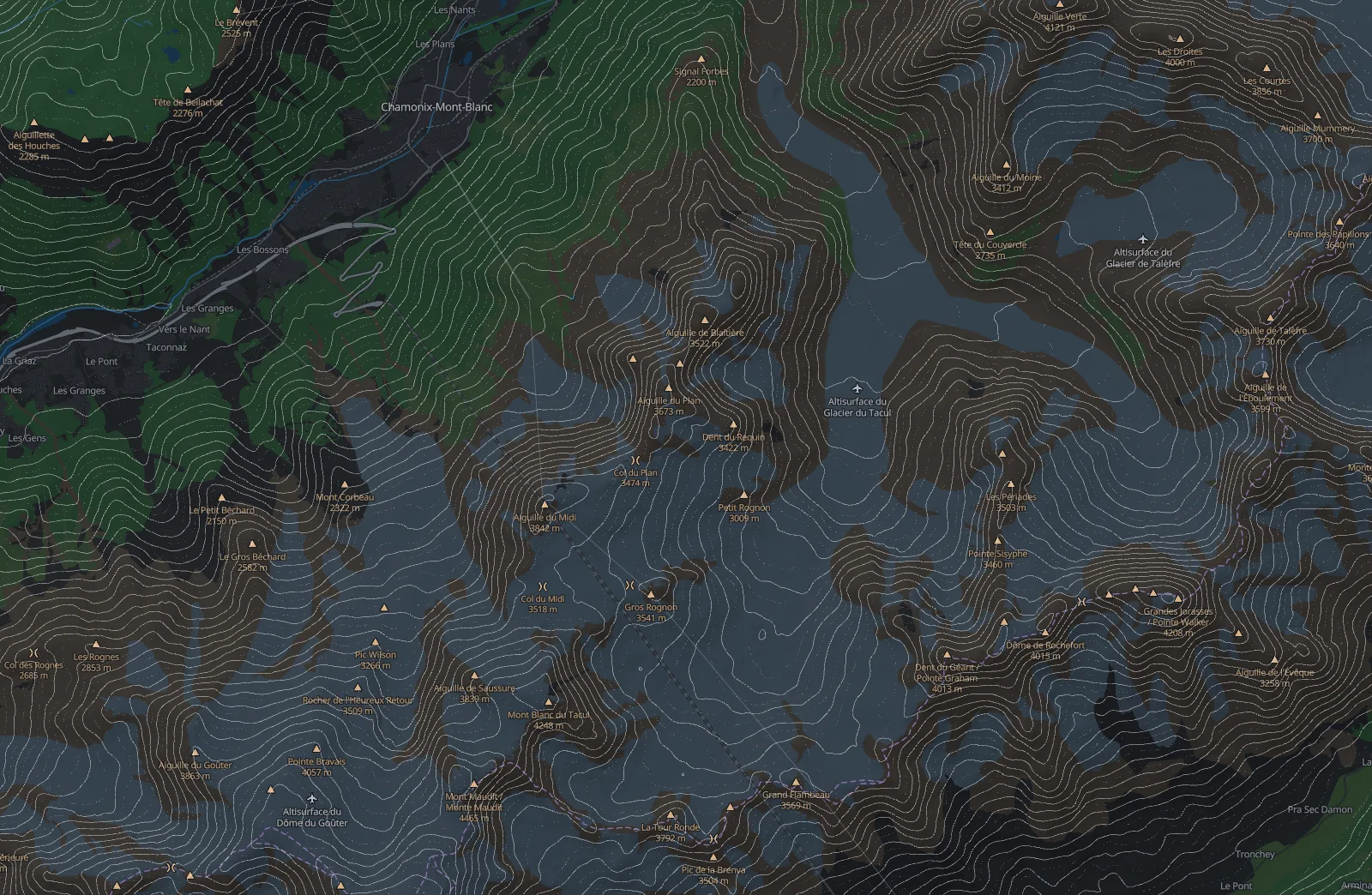 Mont-Blanc massif contour map, contours only