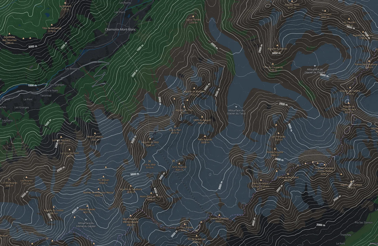 Mont-Blanc massif contour map, with elevation labels