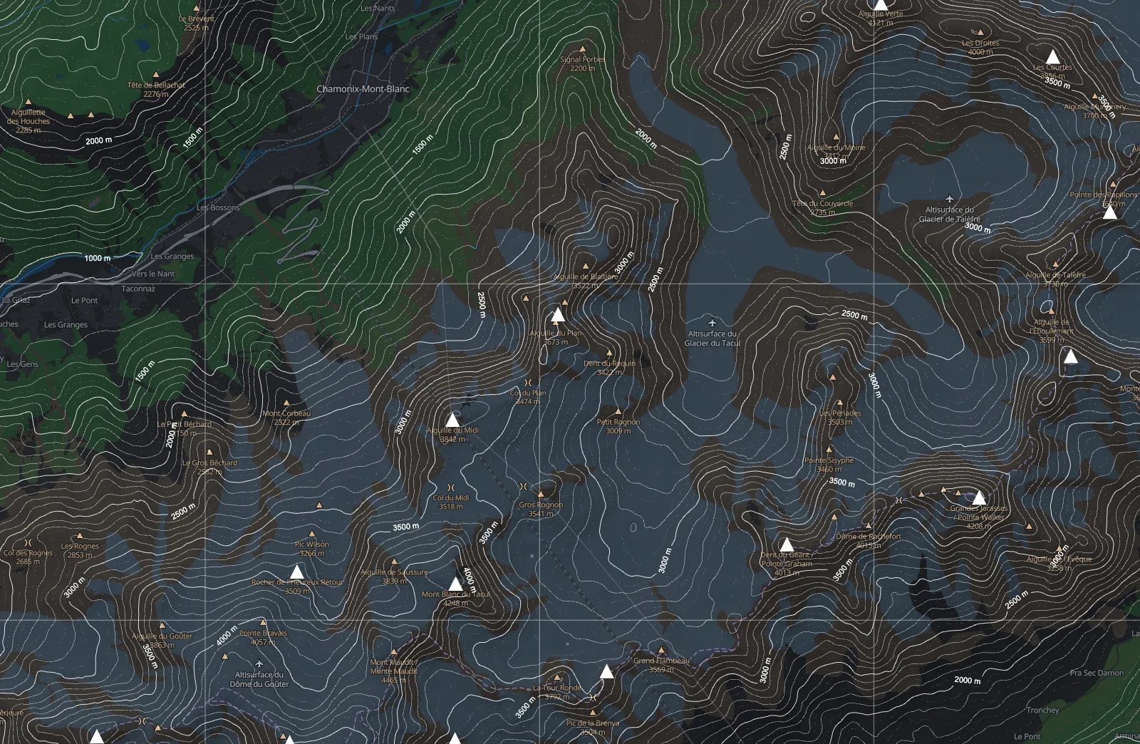 Mont-Blanc massif contour map, with peak and grid annotations