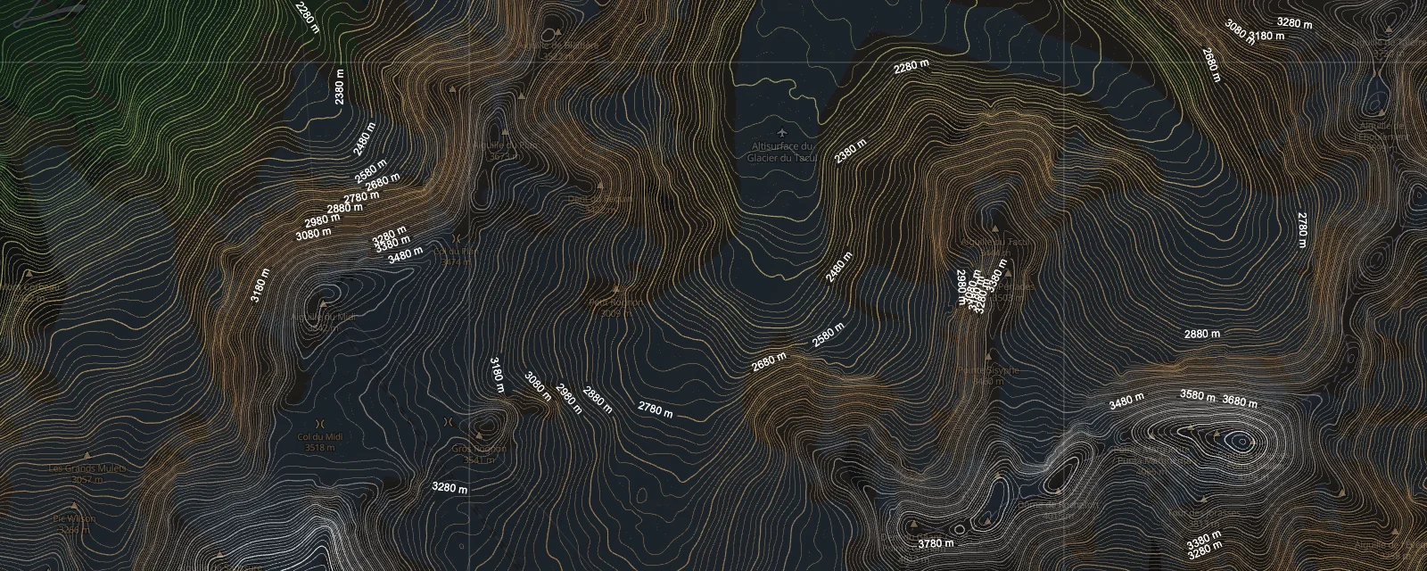 Mont-Blanc contours with index lines, height labels and a metric grid