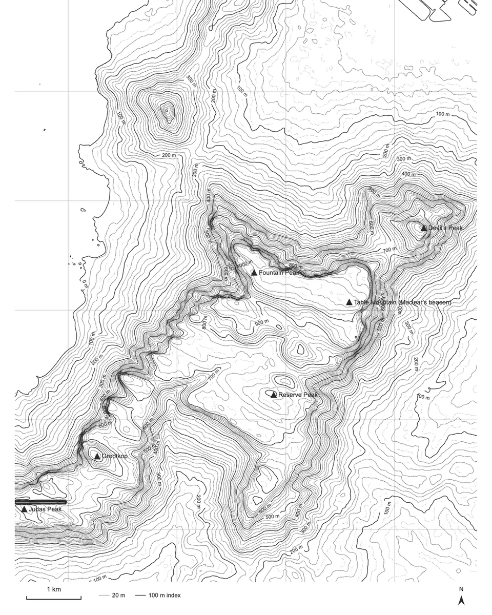 Table Mountain topographic sheet with labels, peaks, grid, scale bar and legend