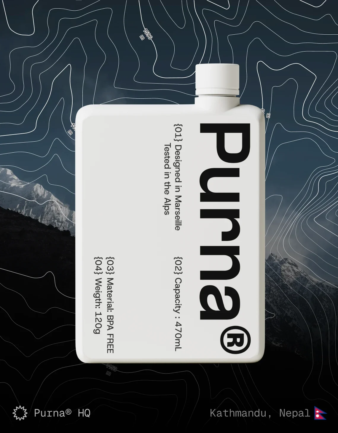 Purna water flask mock-up over white contour lines and Himalayan peaks, Kathmandu
