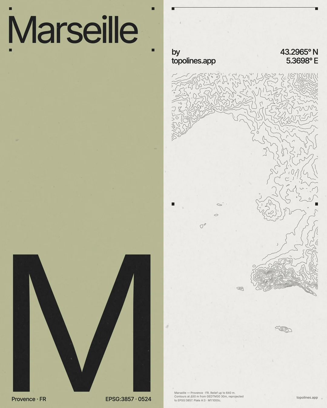 Marseille editorial poster: a large M on sage green beside the coastline in black contour lines