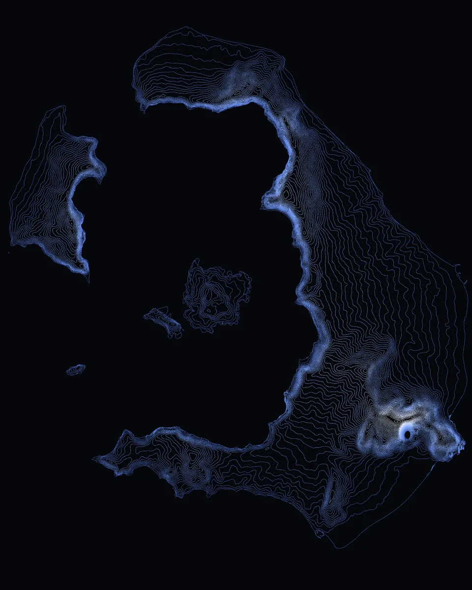 Santorini caldera in blue-to-white gradient hairlines on black