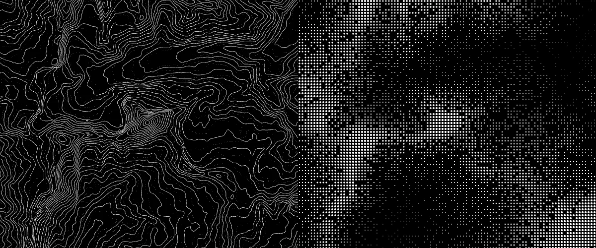The Matterhorn twice: white contour lines on the left, white dots on the right