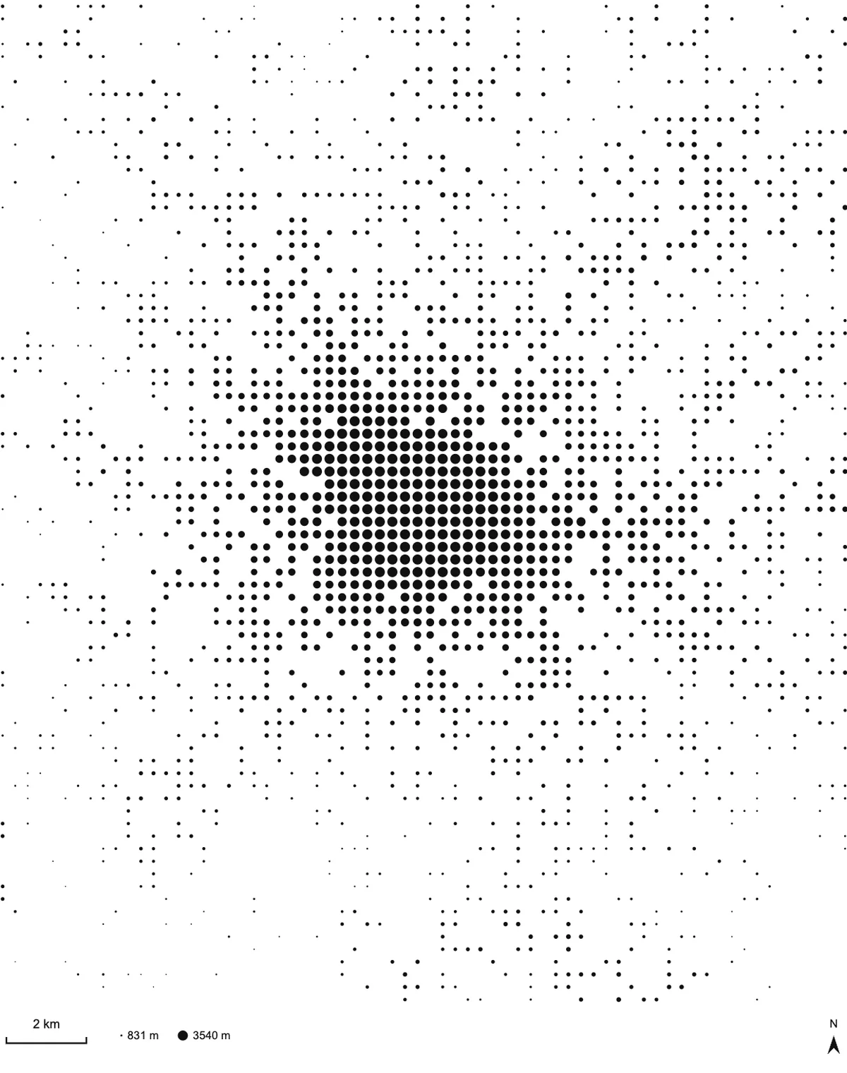 Mount Rainier in black dots on white, with a scale bar, a dot-size legend and a north arrow