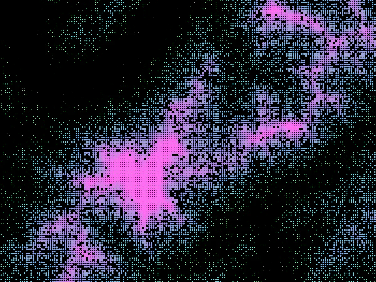 The Mont Blanc massif in a fine grid of dots, green valleys to pink summits