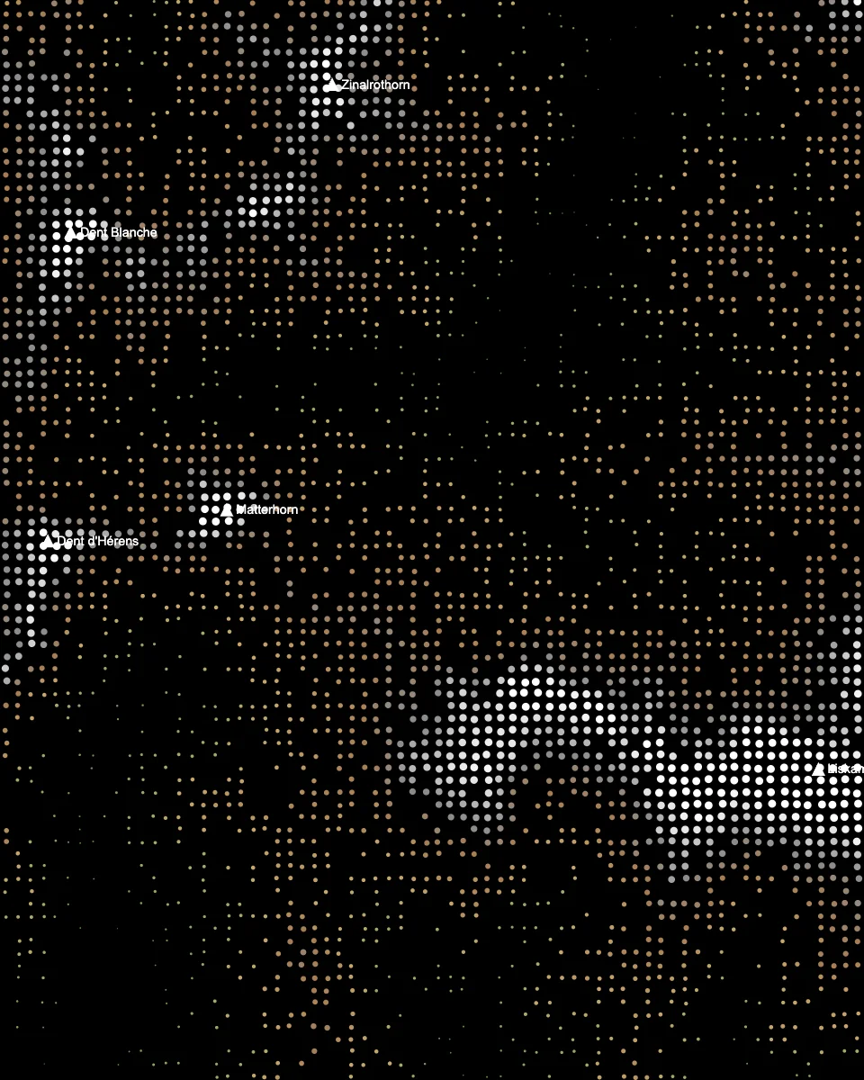Dotted map of the Matterhorn and Monte Rosa in an Imhof gradient, peaks named