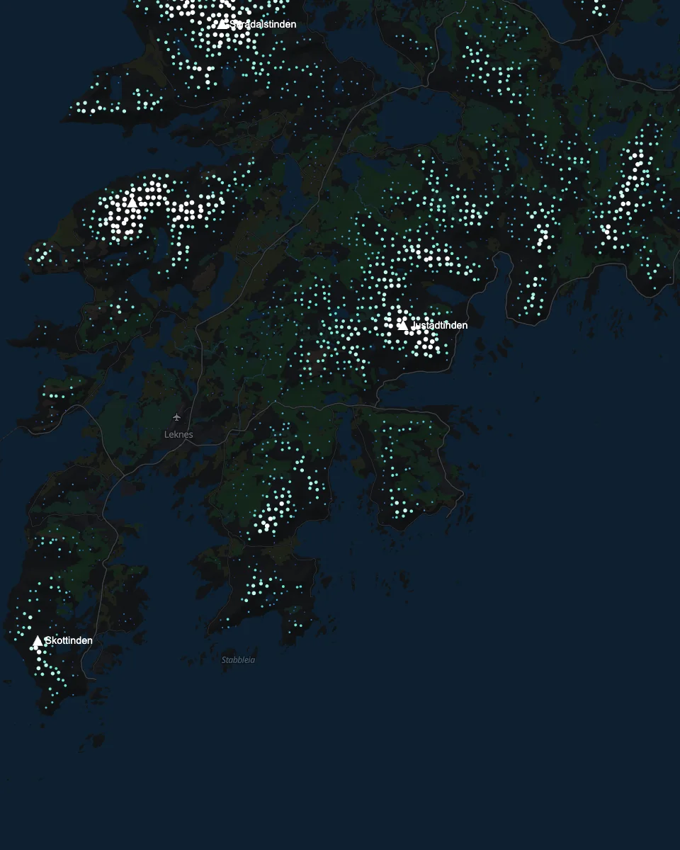 Lofoten islands in cyan to white dots over a dark map, peaks named